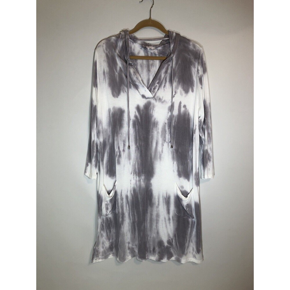 New Directions Studio Gray Tie-dyed Hooded  Rayon Blend Dress V Neck XL EUC